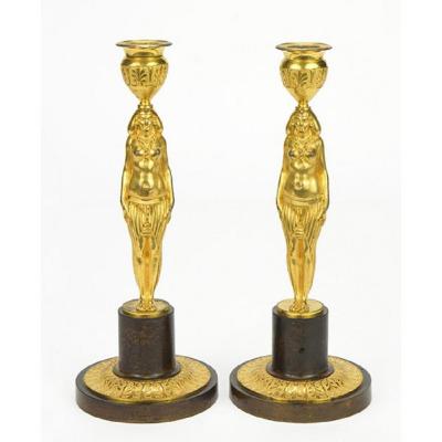 Pair Of Gilt Bronze And Patinated Candlesticks