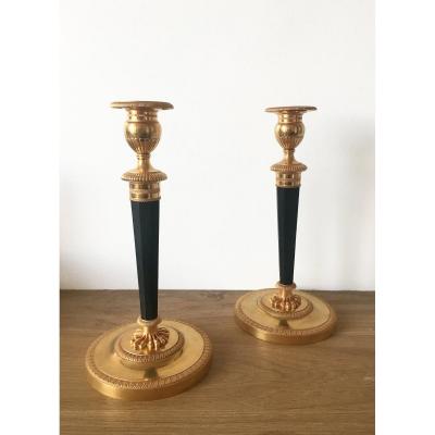 A Pair Of Empire Ormolu And Patinated-bronze Candelsticks, Early 19th Century