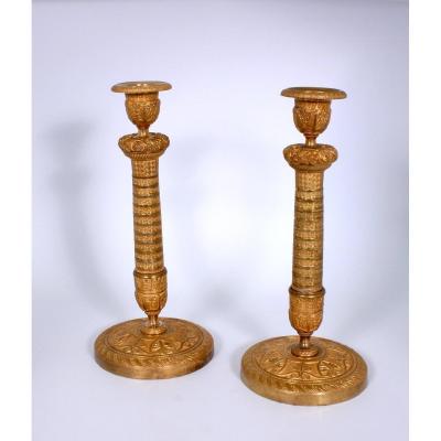 A Pair Of Gilt Bronze Charles X Candlesticks.