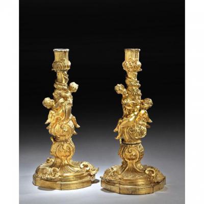 A Pair Of  Louis XV Style Ormolu Candlesticks, After Meissonnier