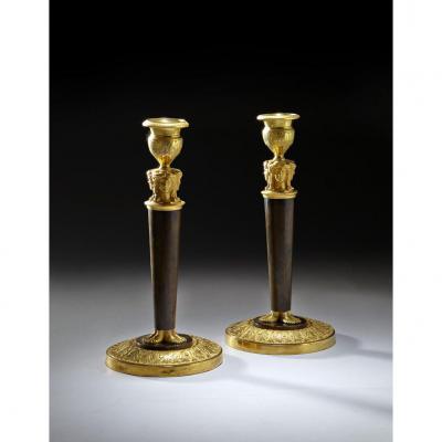 A Pair Of Empire Ormolu Ans Patinated Candlesticks  By Galle