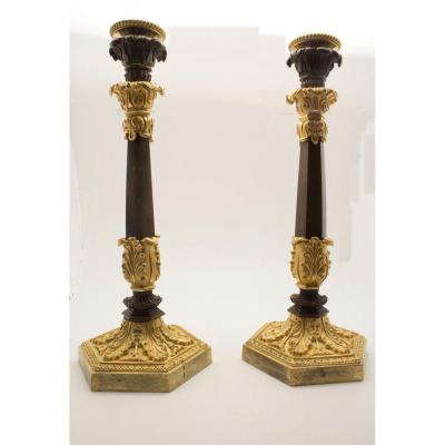 A Pair Of Restauration Patinated And Ormolu Candlesticks