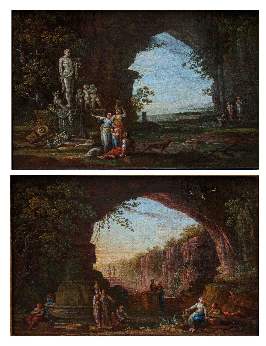 Roman School, 17th Century,couple Of Landscapes With Ancient Ruins And Characters-photo-2