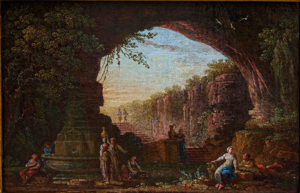 Roman School, 17th Century,couple Of Landscapes With Ancient Ruins And Characters-photo-3