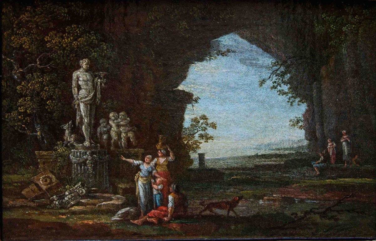 Roman School, 17th Century,couple Of Landscapes With Ancient Ruins And Characters-photo-4