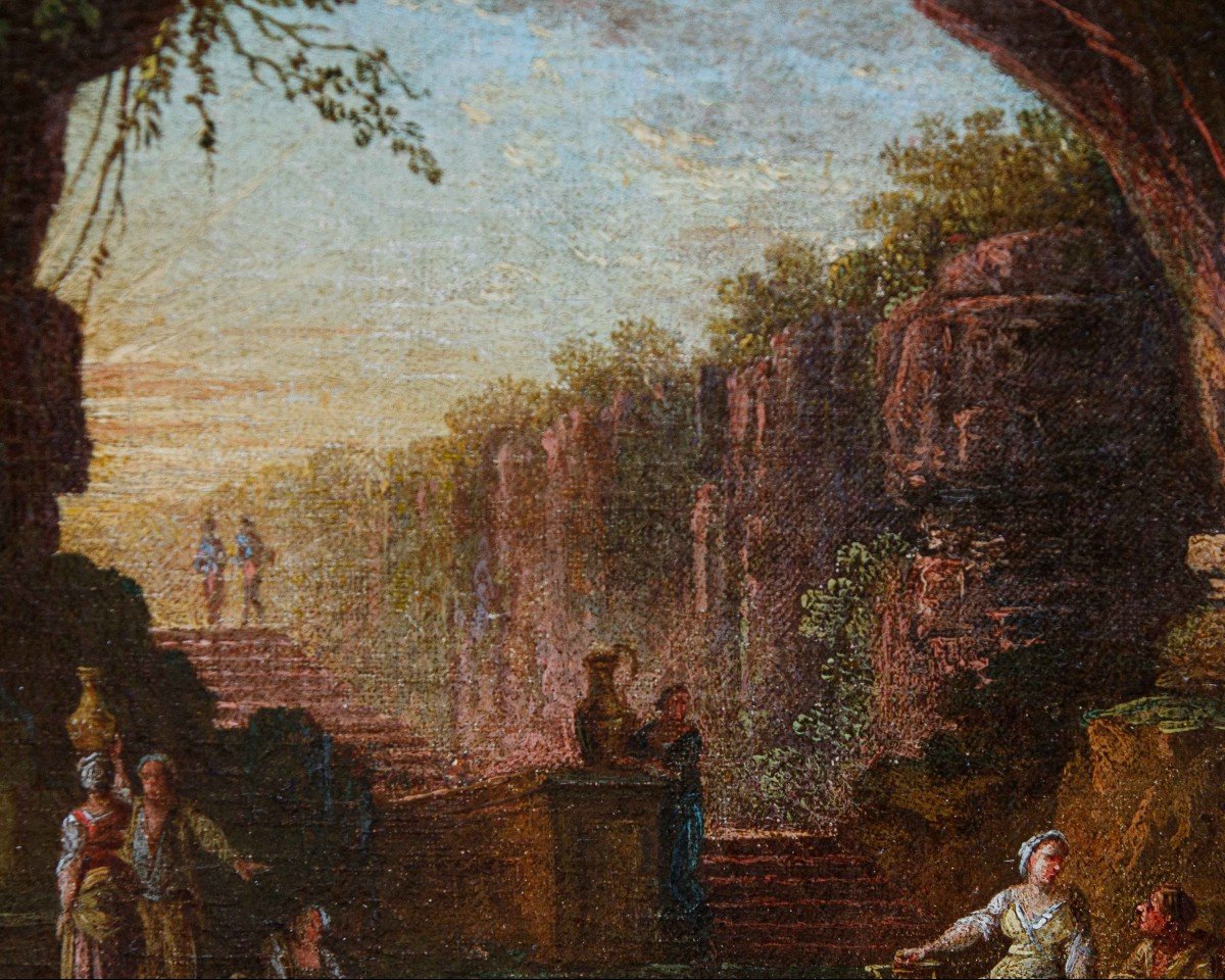 Roman School, 17th Century,couple Of Landscapes With Ancient Ruins And Characters-photo-1