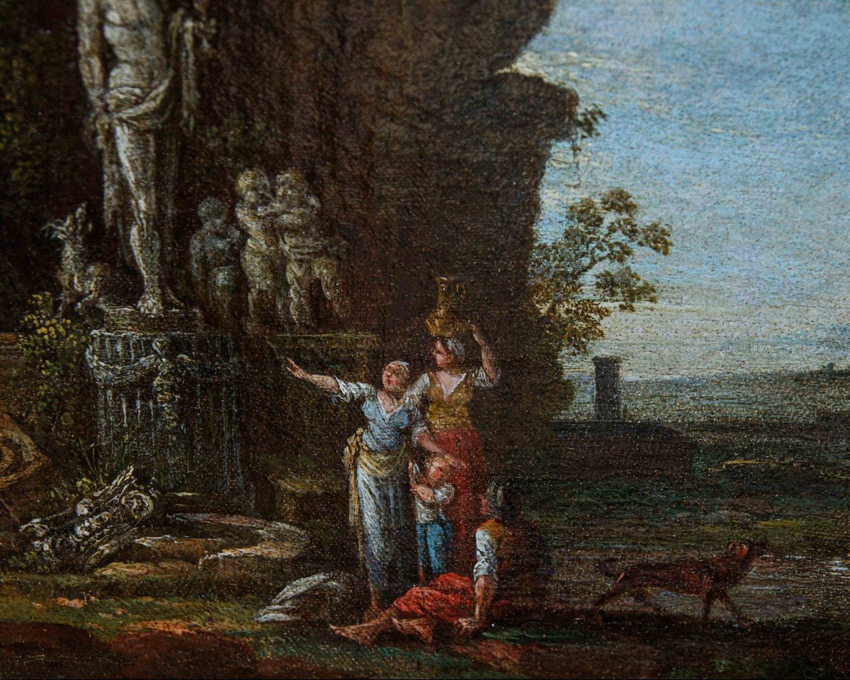 Roman School, 17th Century,couple Of Landscapes With Ancient Ruins And Characters-photo-6