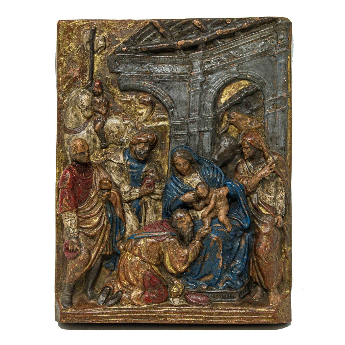 XVIIe Siècle, Adoration Des Mages, Terre Cuite Polychrome,