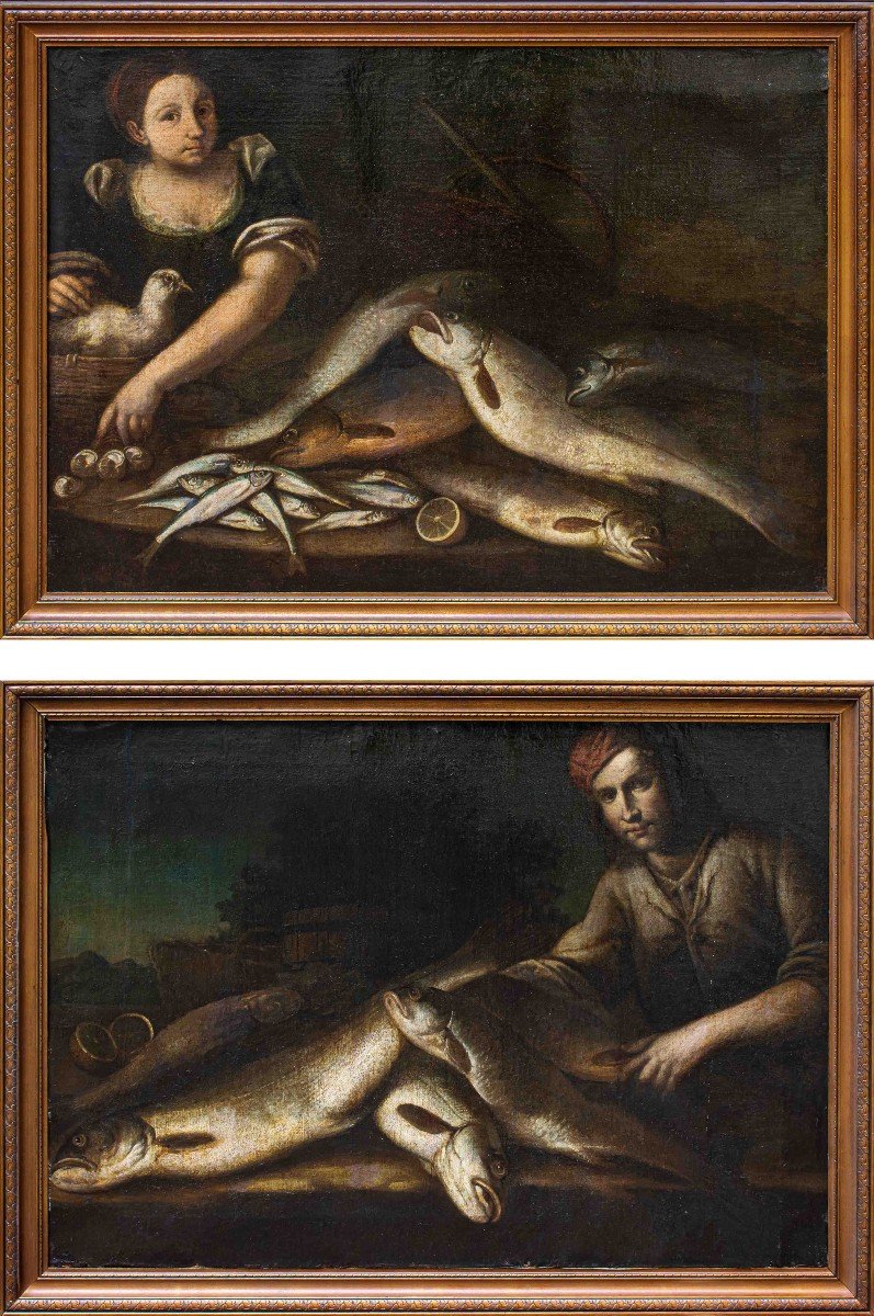 Emilian School, 17th Century, Couple Of Fishermen With Fish Still Lifes