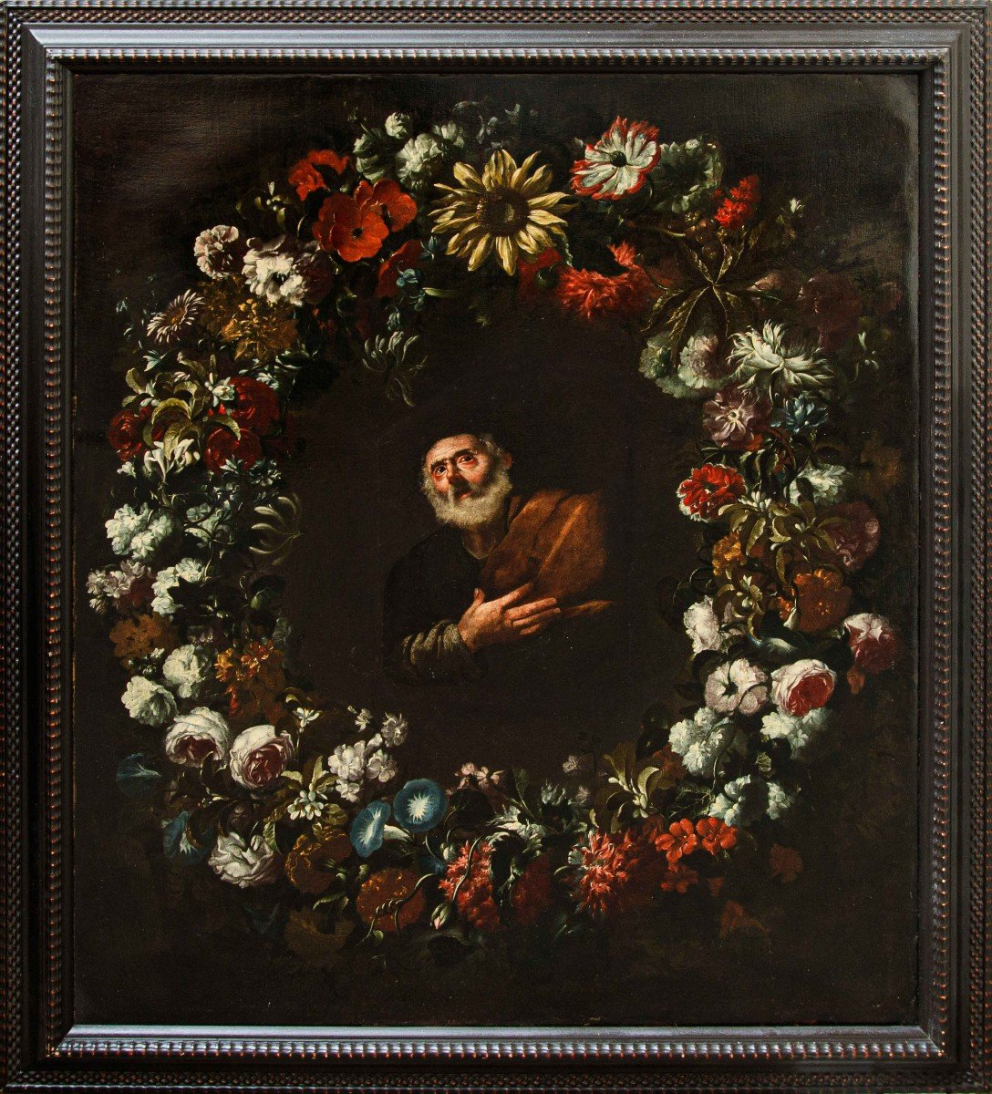 école Napolitaine, XVIIe Siècle, Saint-pierre En Prière Dans Une Guirlande De Fleurs