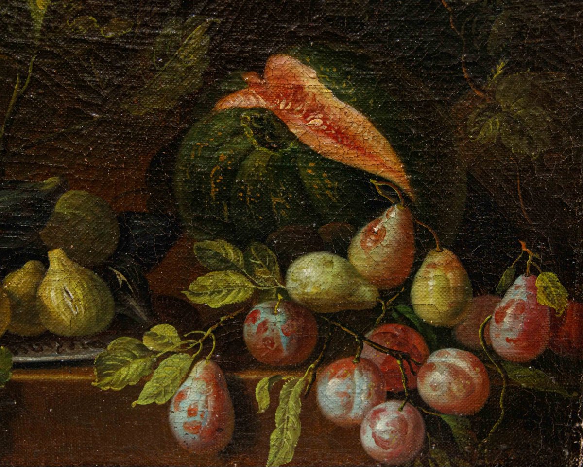 Roman School, XVII, Still Life With Pumpkin, Pears And Figs-photo-2