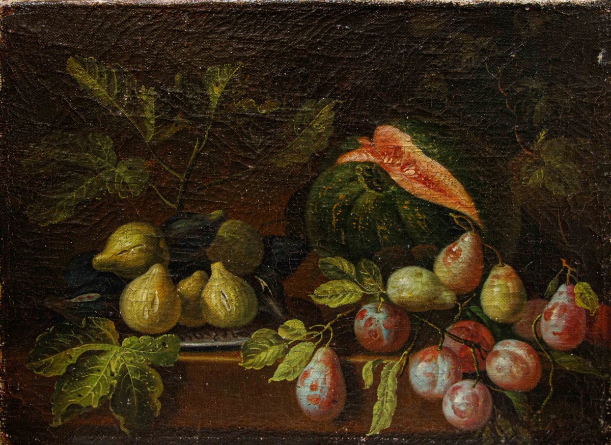 Roman School, XVII, Still Life With Pumpkin, Pears And Figs