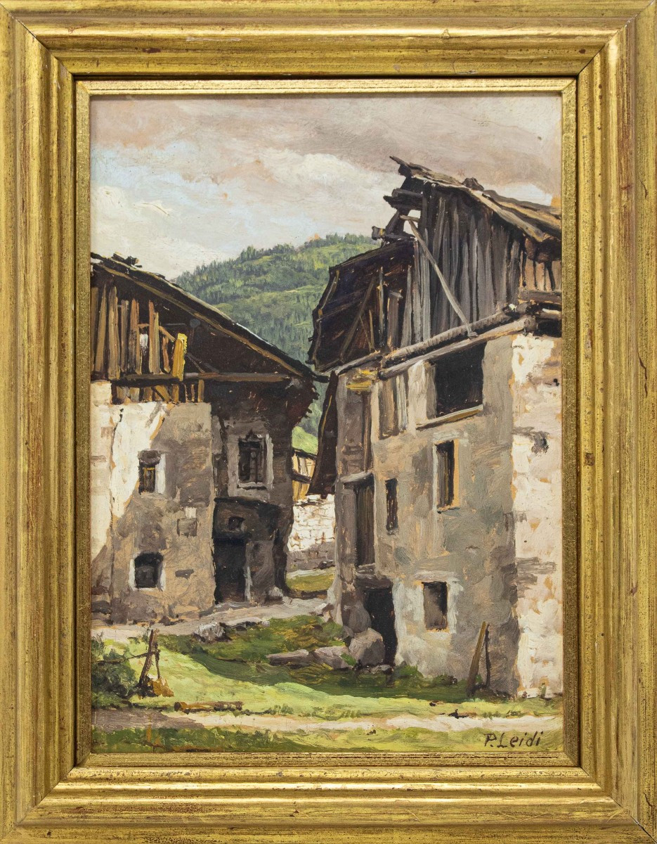 Piero Leidi (Brescia, 1892 - Bedizzole, 1976),  Vue panoramique avec pont en bois