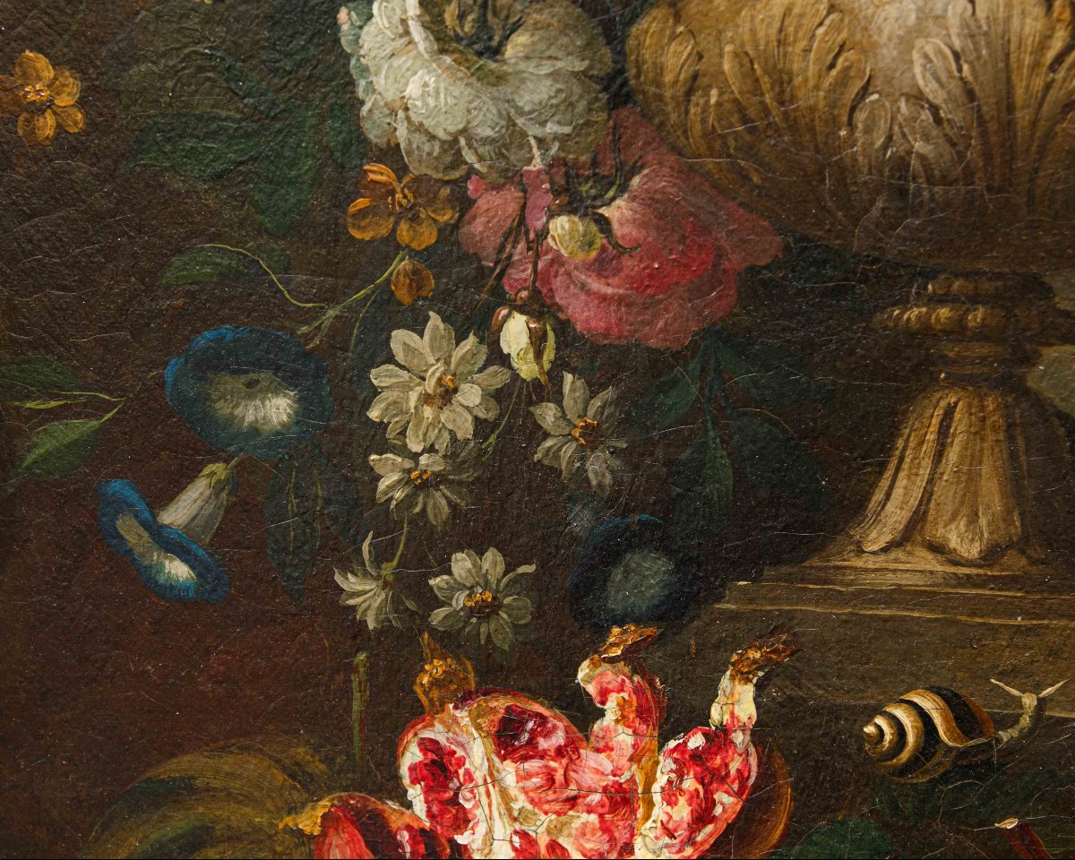 École lombarde, XIXe siècle, Composition de fleurs, fruits et fontaine-photo-2