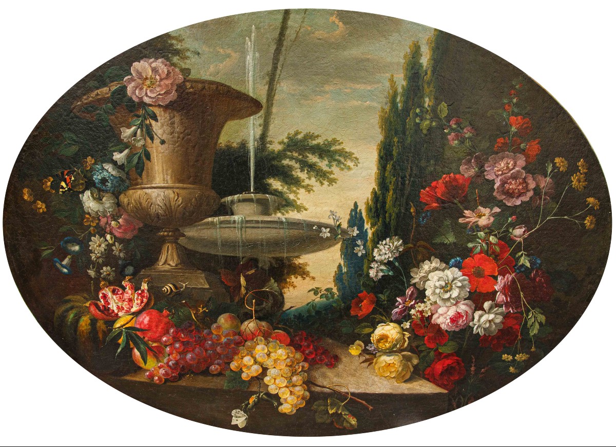 École lombarde, XIXe siècle, Composition de fleurs, fruits et fontaine