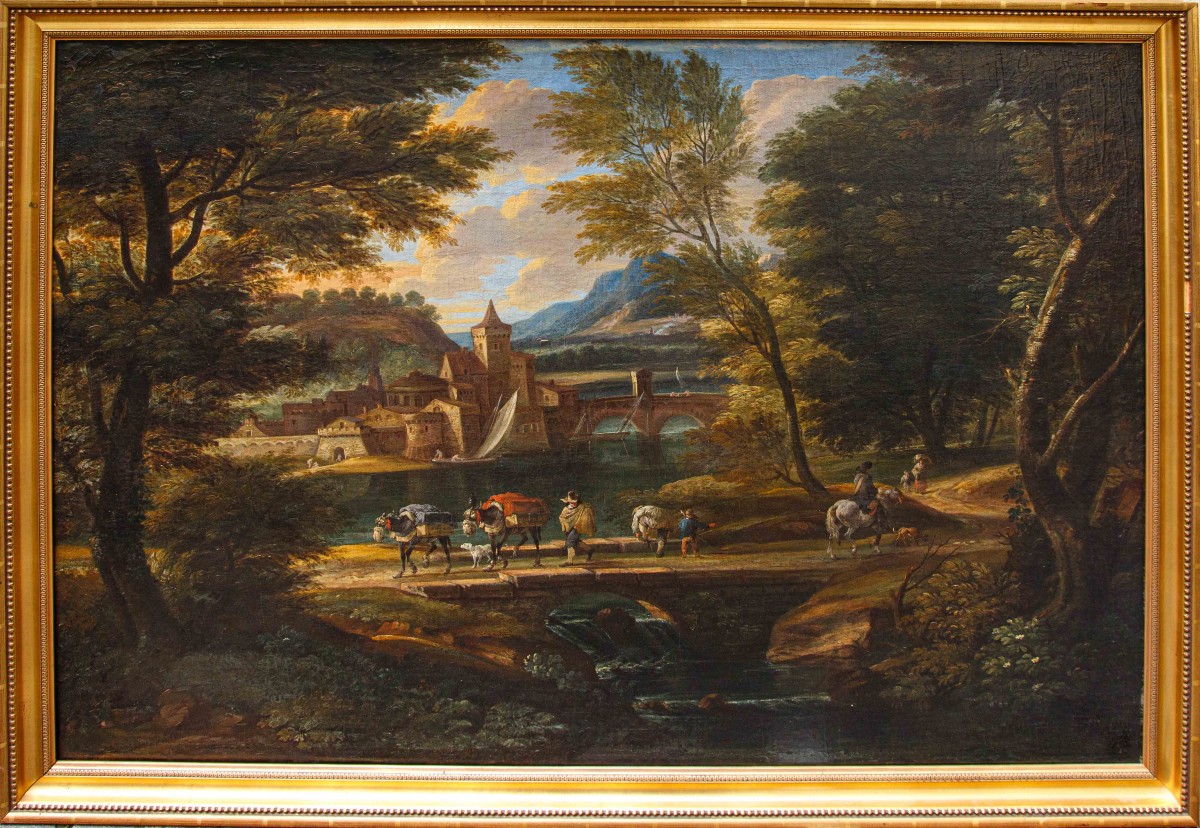 Cercle de Jakob de Heusch (Utrecht, 1657- Amsterdam, 1701), Paysage italien avec des voyageurs