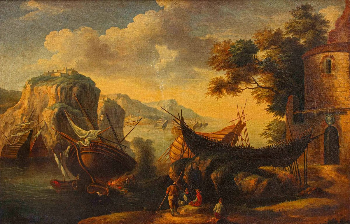 Disciple de Salvator Rosa (Naples, 1615 - Rome 1673), Vue avec la baie-photo-7