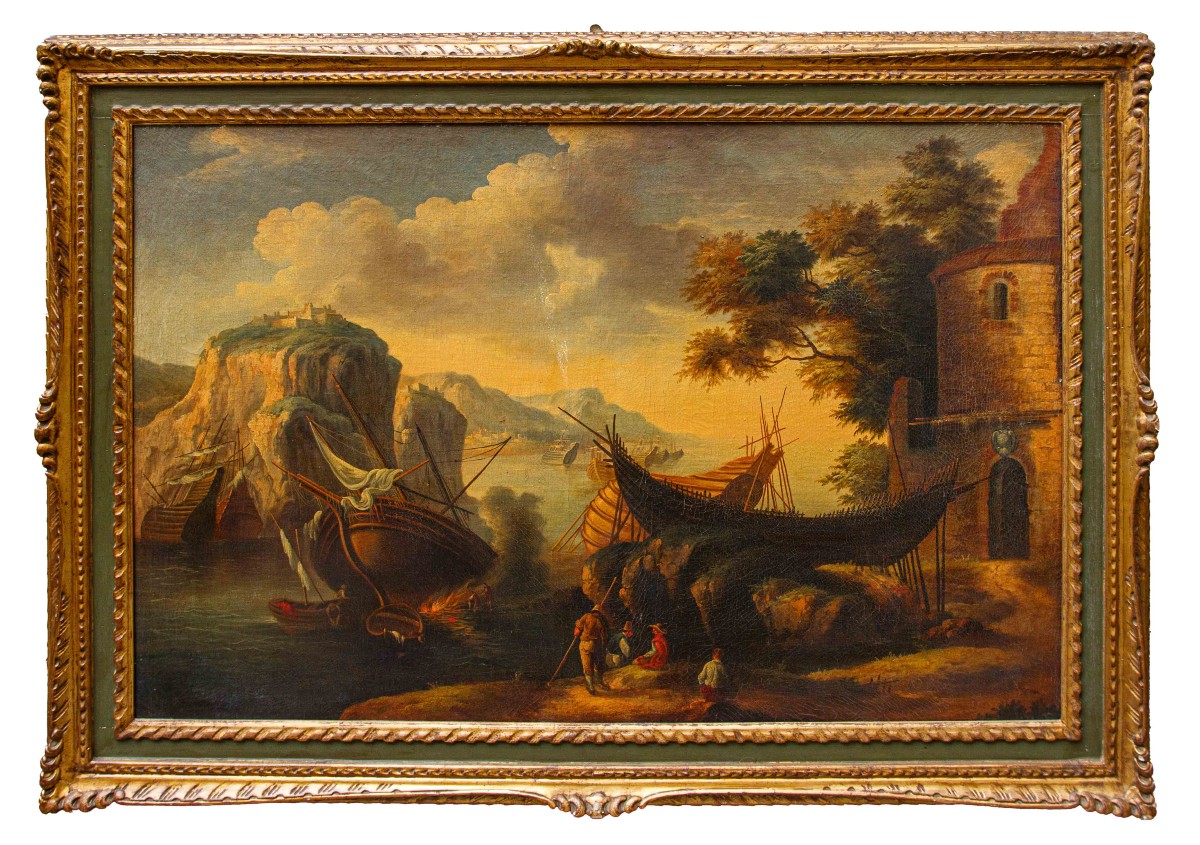 Disciple de Salvator Rosa (Naples, 1615 - Rome 1673), Vue avec la baie