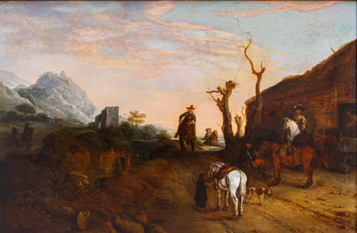 Disciple de Dirk Stoop (Dordrecht, 1610 - Utrecht, 1686), Sentier avec voyageurs-photo-7