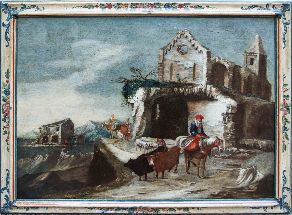 Antonio Travi Known As Sestri,  Landscape With Ruins, Farmers And Shepherds