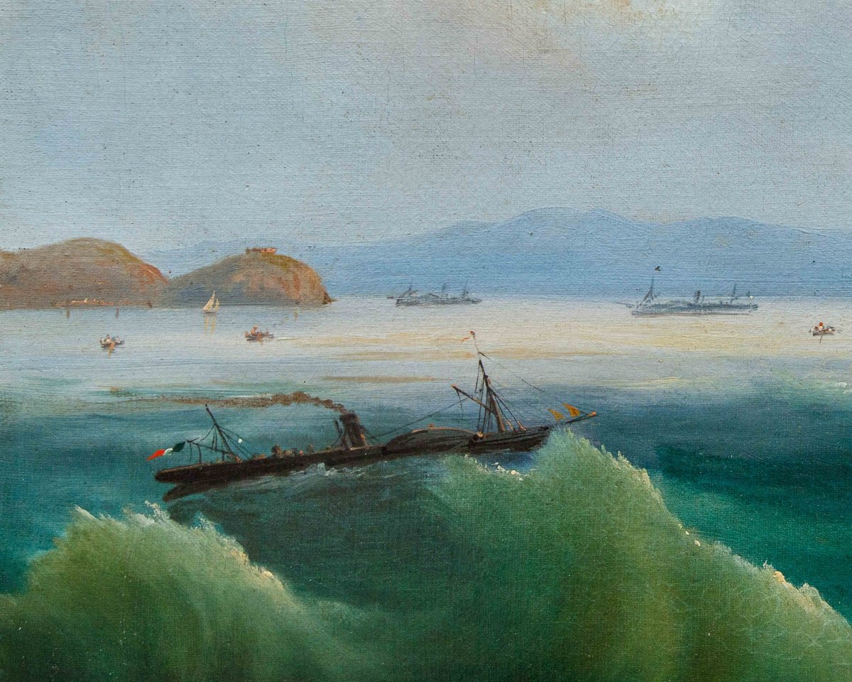 19th Century, Two Sea Views With The Aragonese Castle Of Baia And The Gulf Of Naples-photo-6