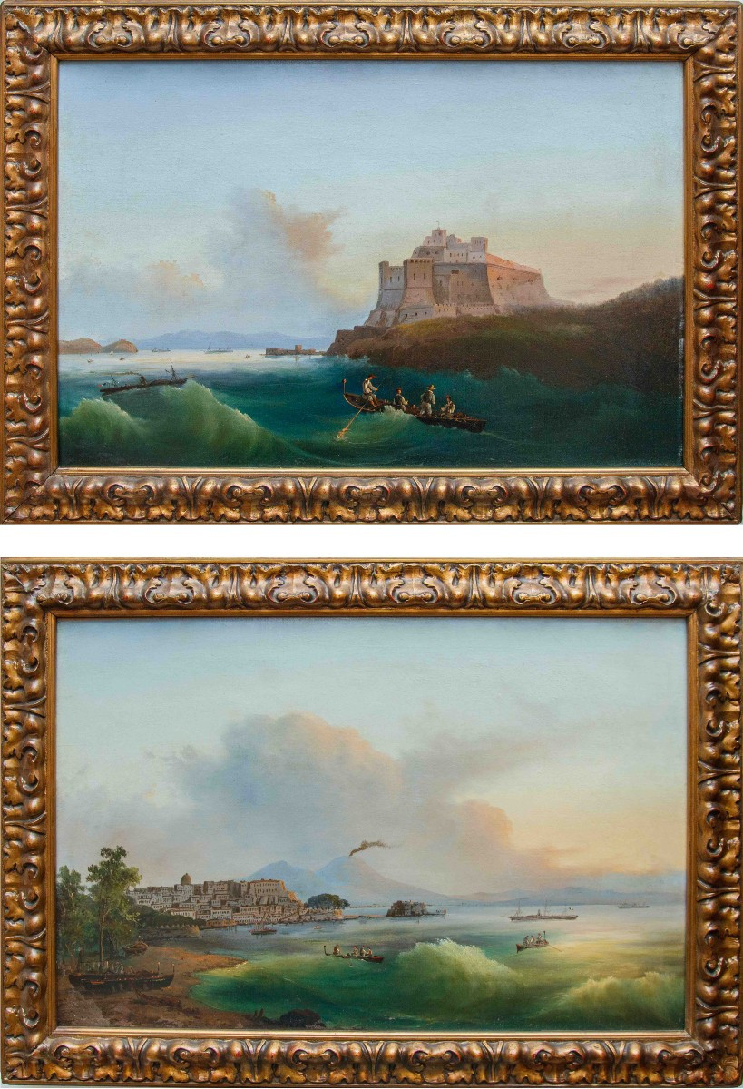19th Century, Two Sea Views With The Aragonese Castle Of Baia And The Gulf Of Naples