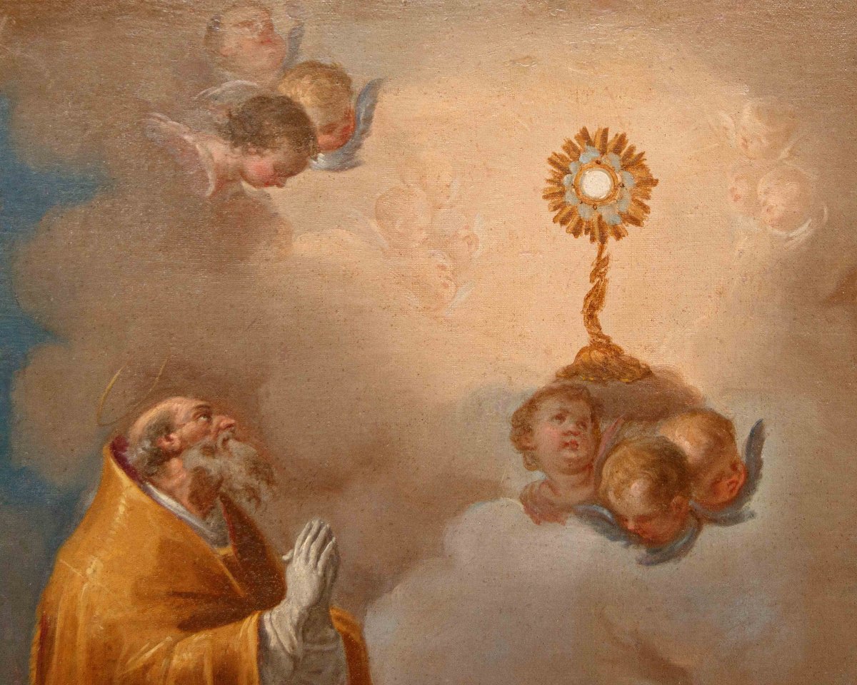 Giacinto Diano (attr.), Saint Evêque en adoration du Très Saint Sacrement-photo-5