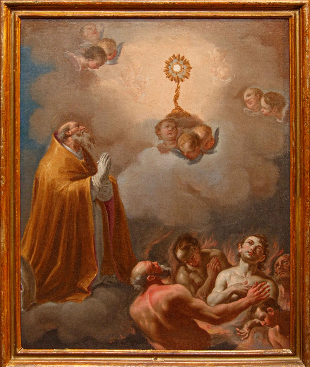 Giacinto Diano (attr.), Saint Evêque en adoration du Très Saint Sacrement