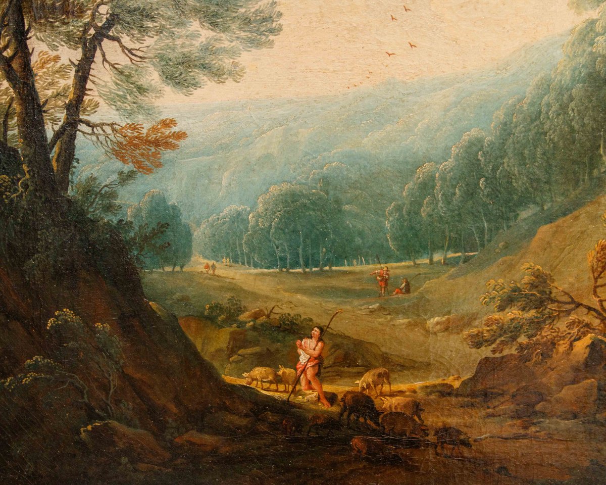 Peintre flamand, fin 17ème siècle, Paysage avec berger et cascade-photo-2