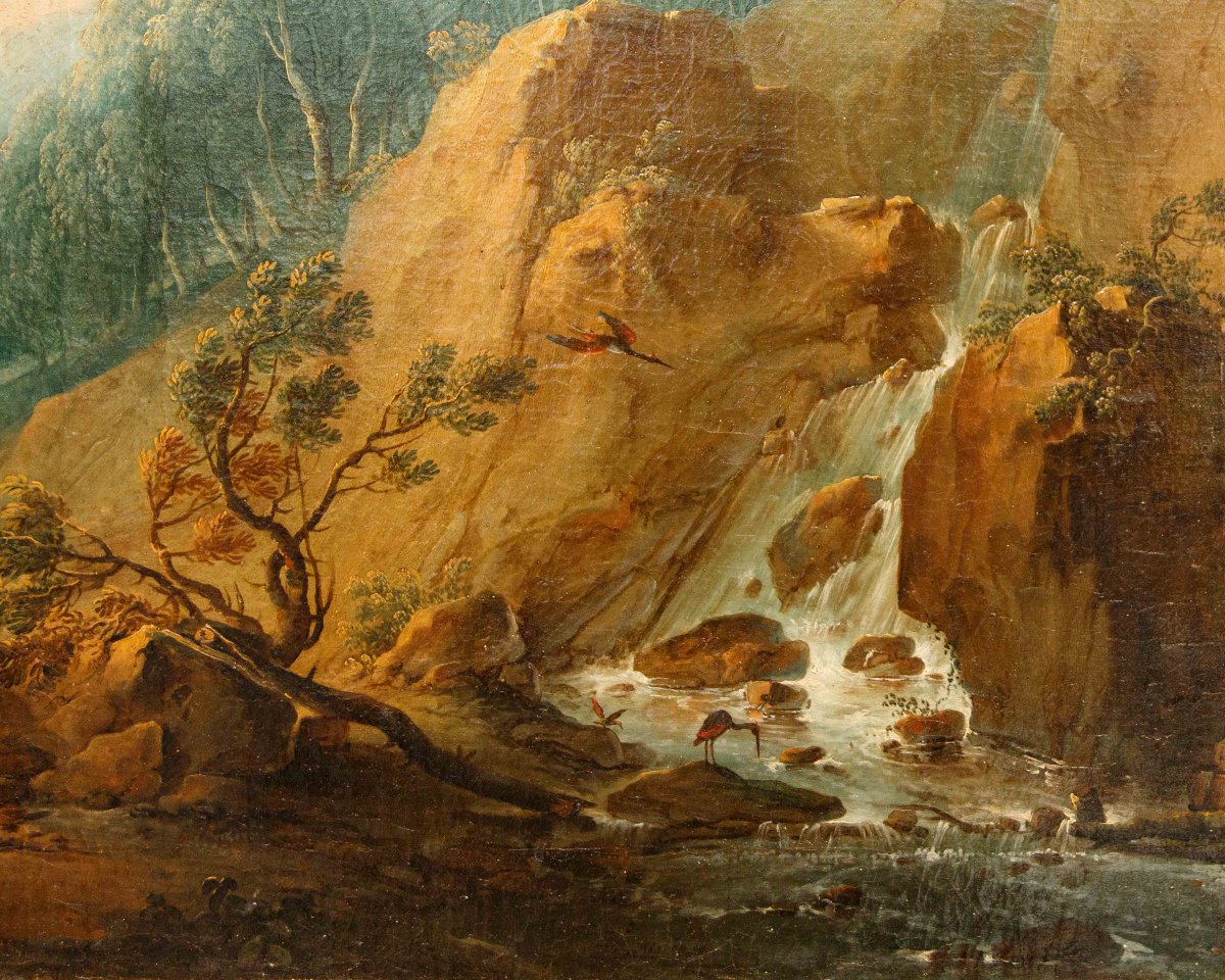 Peintre flamand, fin 17ème siècle, Paysage avec berger et cascade-photo-4