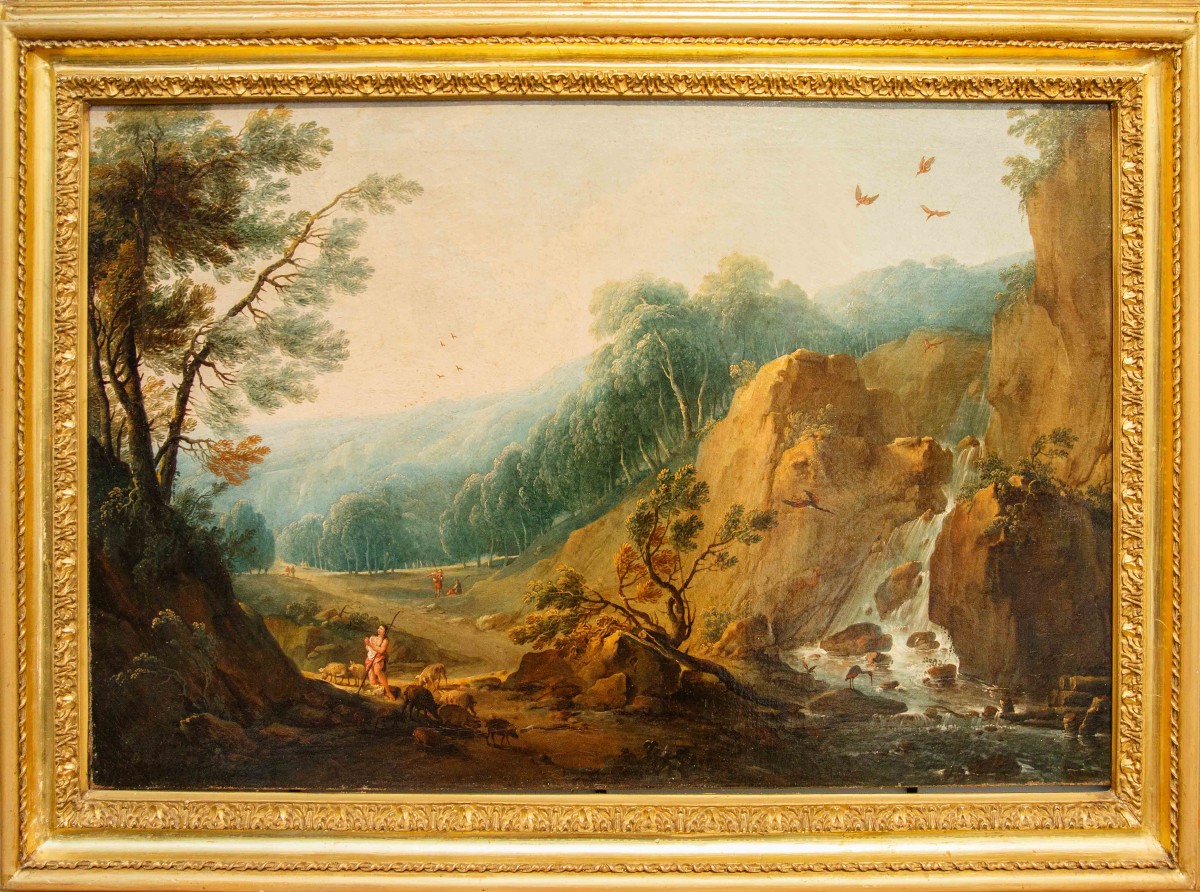 Peintre flamand, fin 17ème siècle, Paysage avec berger et cascade