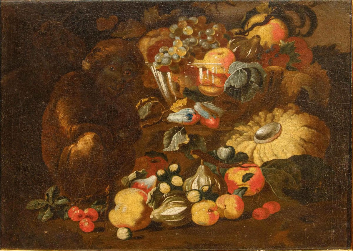 Bottega degli Spadino, Nature morte avec fruits, citrouille et singe-photo-3