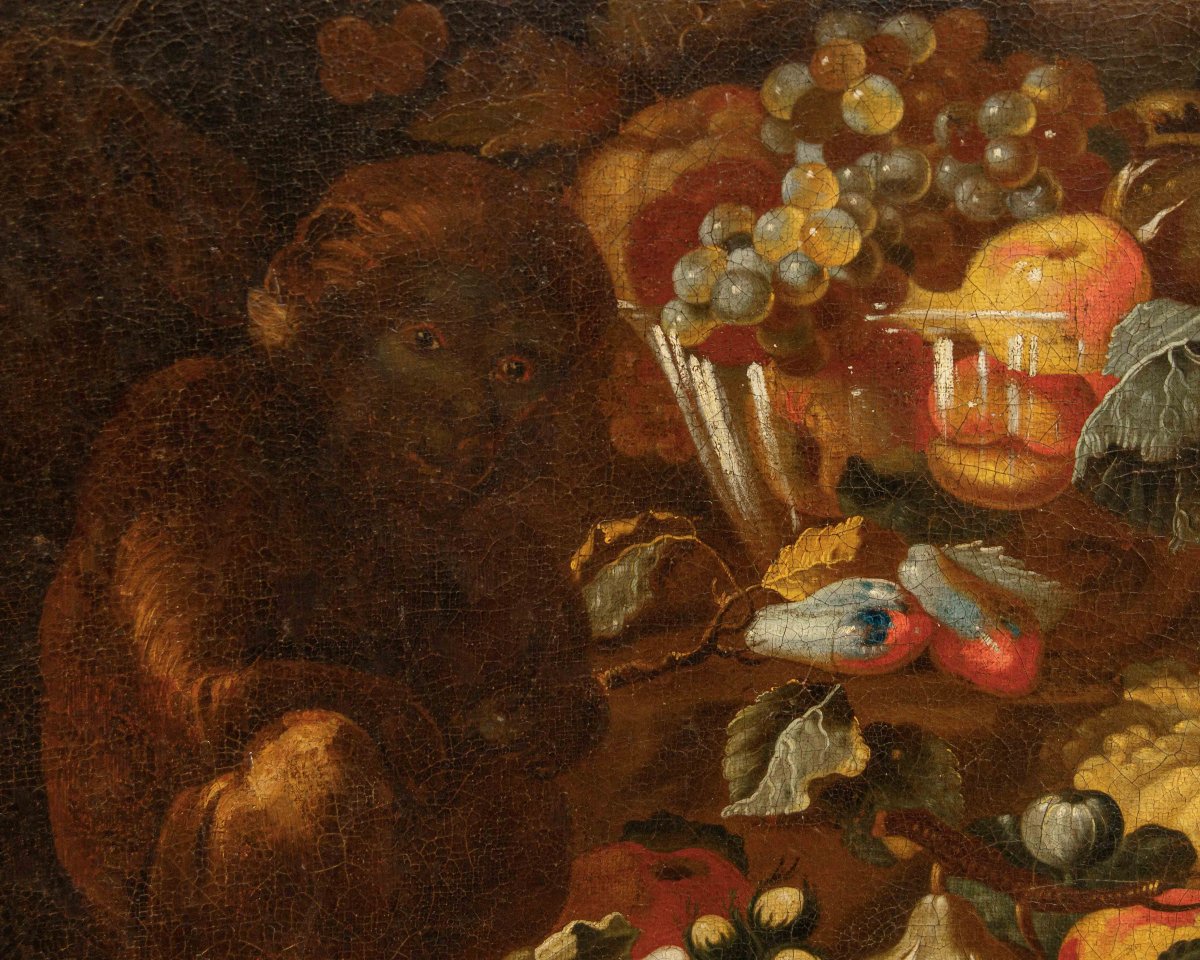 Bottega degli Spadino, Nature morte avec fruits, citrouille et singe-photo-8