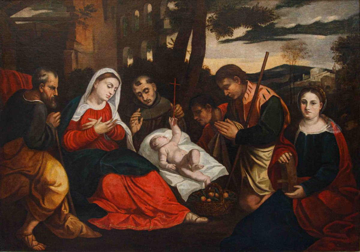 Atelier de Bonifacio de' Pitati, Adoration des pasteurs avec les saints François et Catherine-photo-3