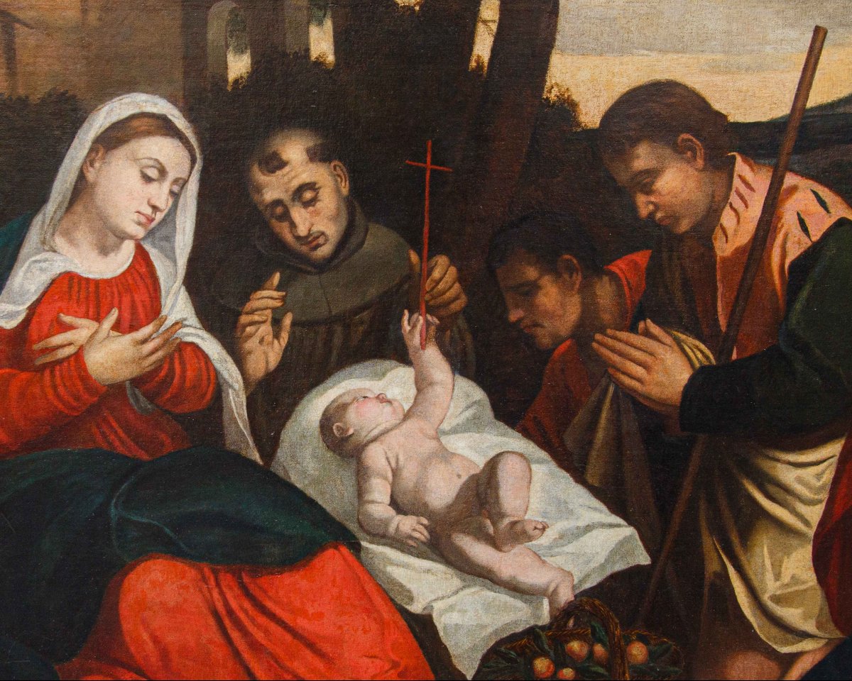Atelier de Bonifacio de' Pitati, Adoration des pasteurs avec les saints François et Catherine-photo-2