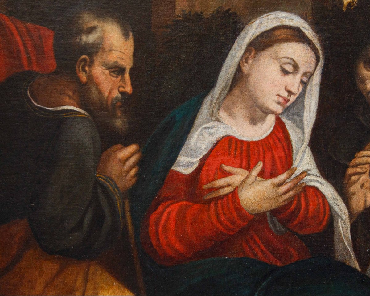 Atelier de Bonifacio de' Pitati, Adoration des pasteurs avec les saints François et Catherine-photo-3