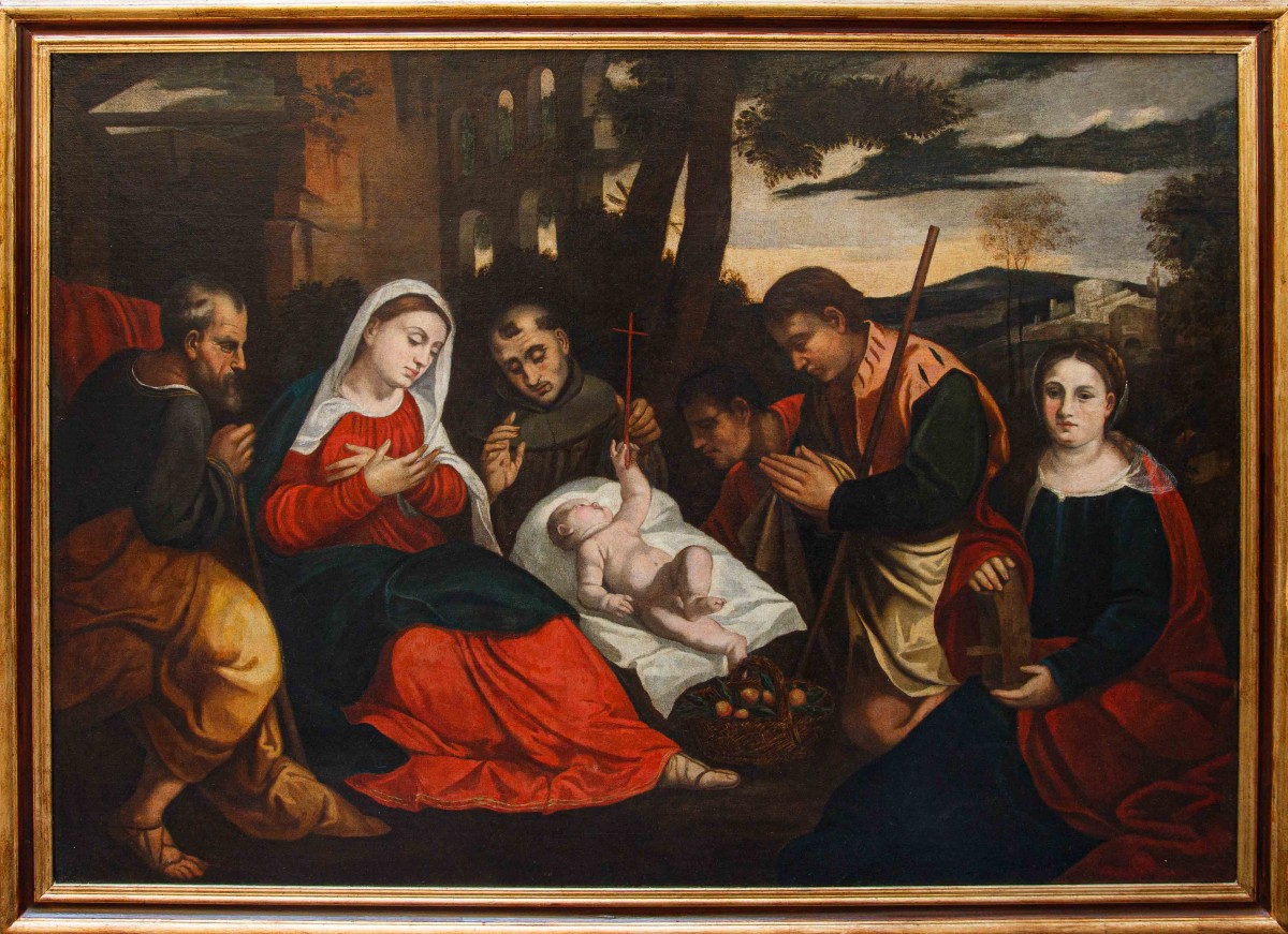 Atelier de Bonifacio de' Pitati, Adoration des pasteurs avec les saints François et Catherine