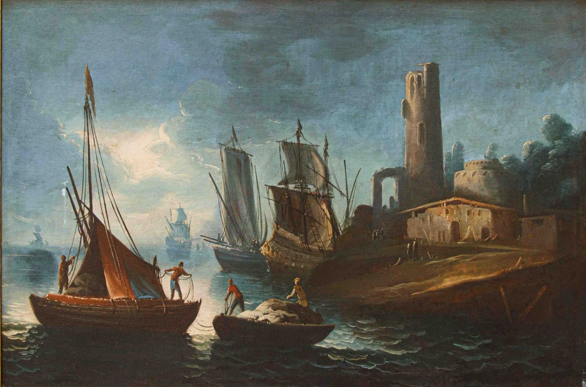 Francesco Antoniani (milan, 1700/1710 - Turin, 1775), Port View With Sailing Ships-photo-2