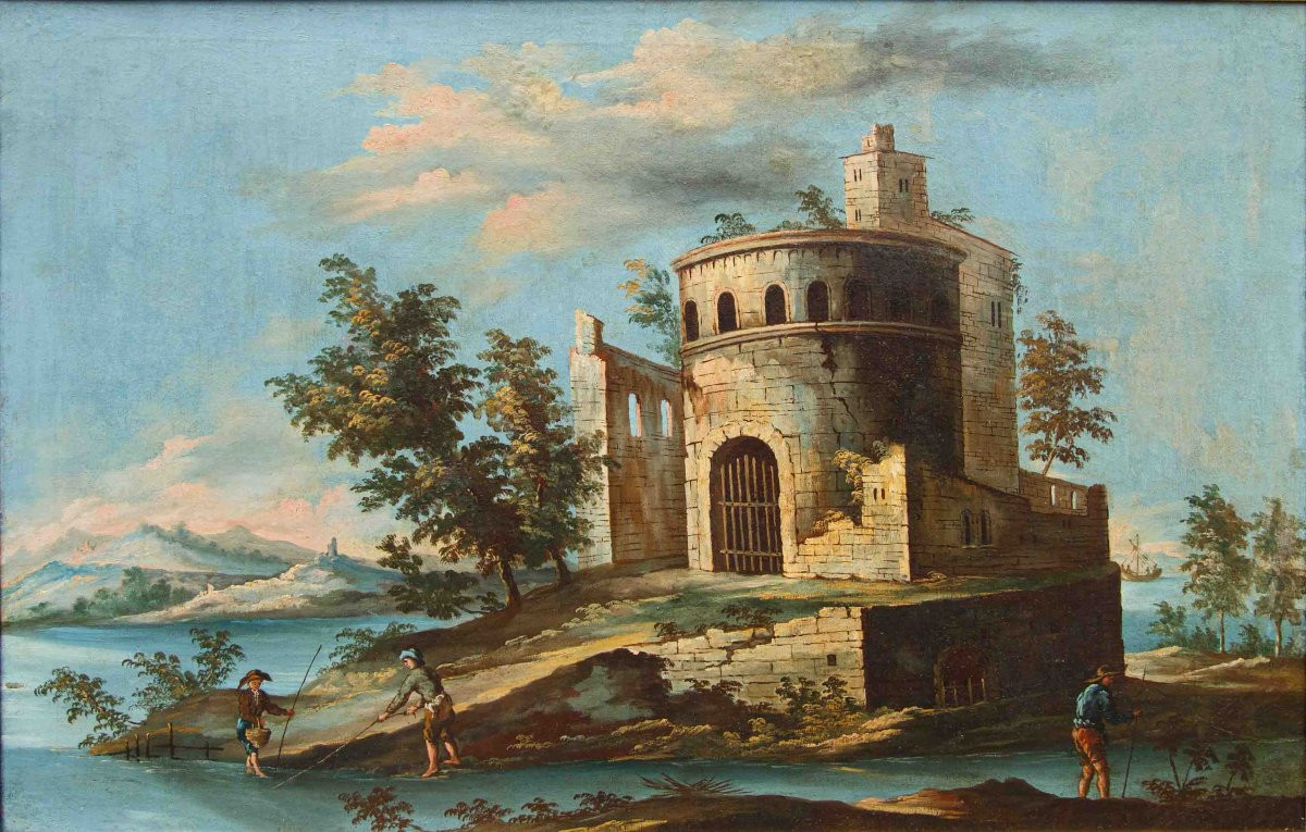 Venetian School Of The 18th Century, Landscape With Lake And Circular Tower-photo-3