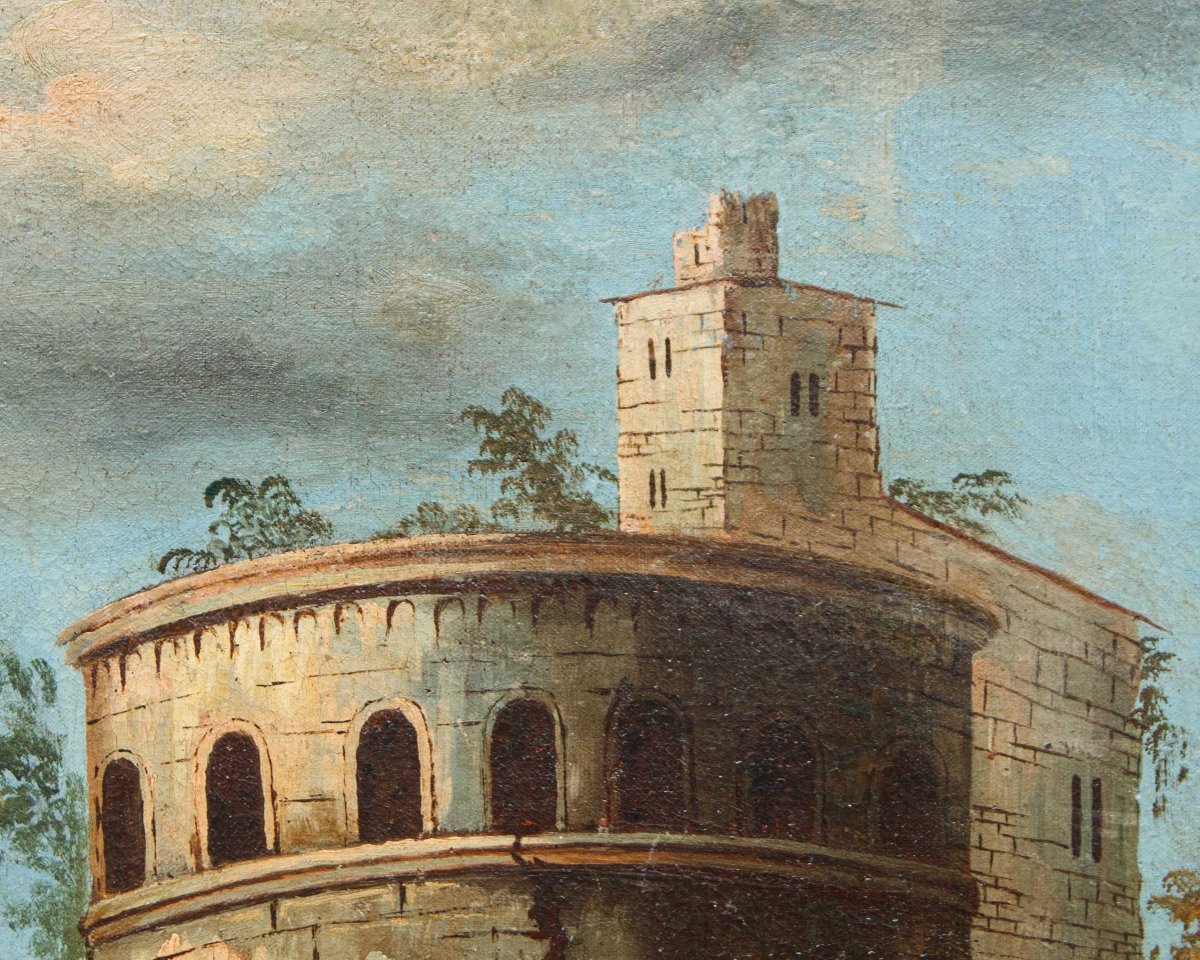 Venetian School Of The 18th Century, Landscape With Lake And Circular Tower-photo-1
