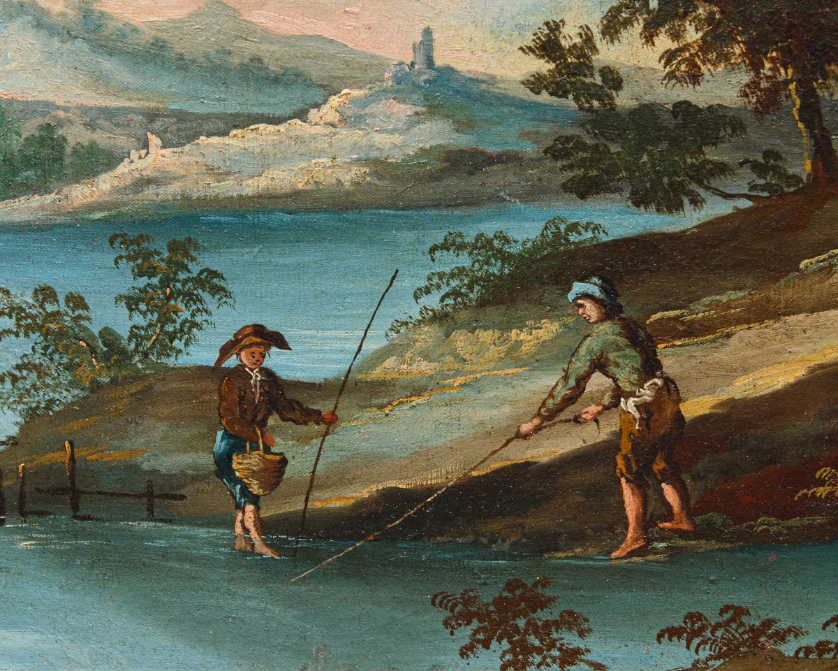 Venetian School Of The 18th Century, Landscape With Lake And Circular Tower-photo-2