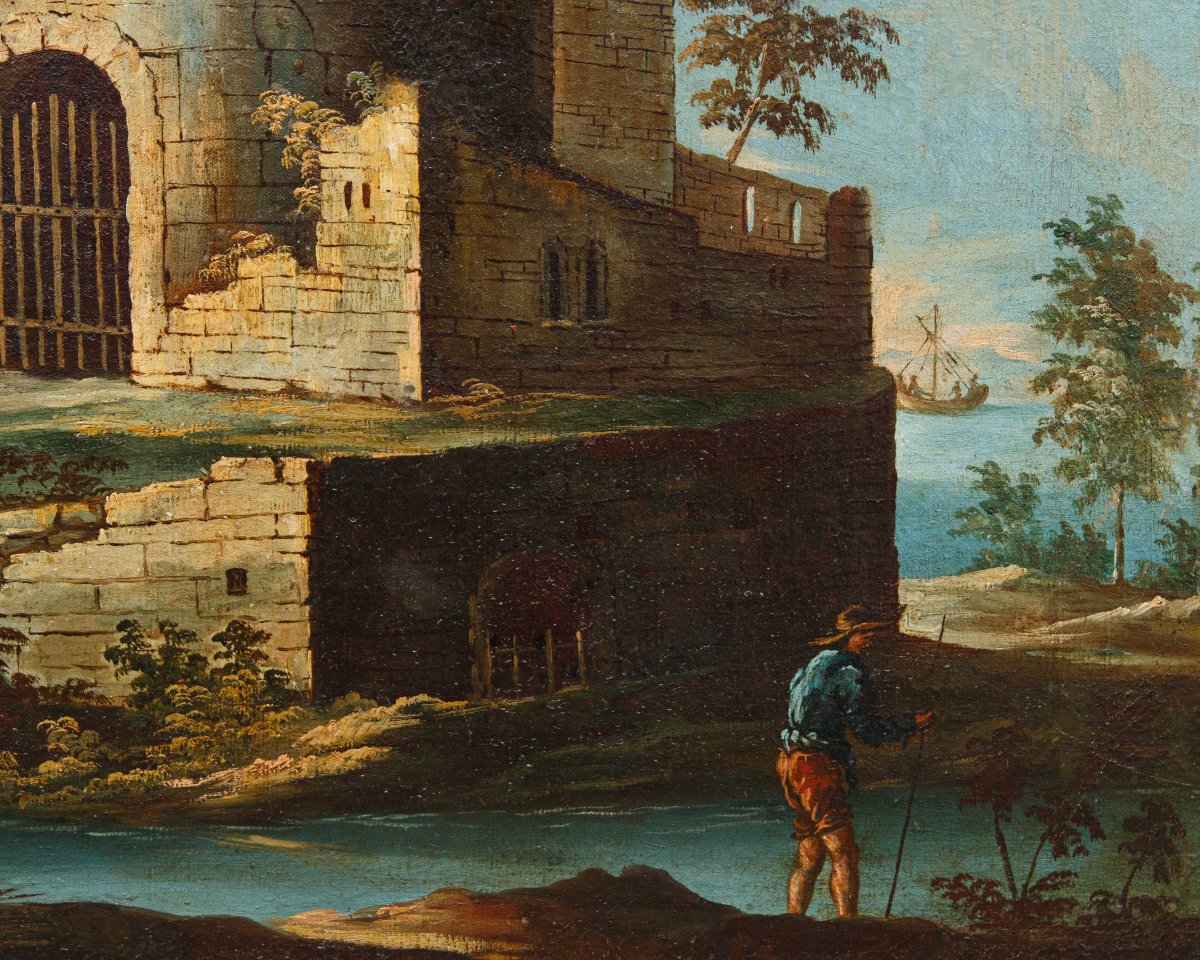 Venetian School Of The 18th Century, Landscape With Lake And Circular Tower-photo-3