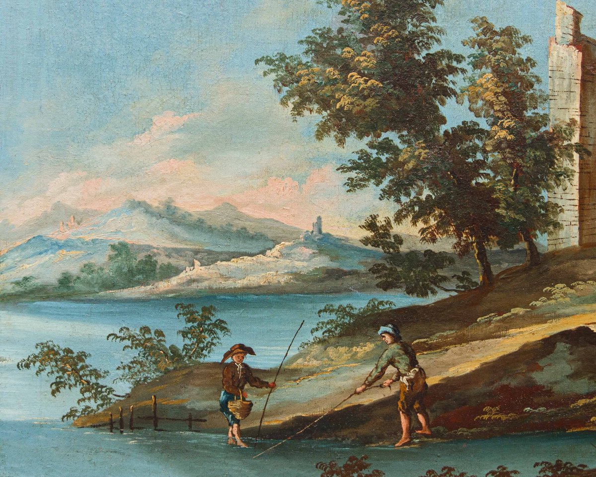 Venetian School Of The 18th Century, Landscape With Lake And Circular Tower-photo-6