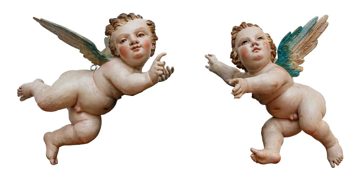 Late 18th Century - Early 19th Century, Pair Of Angels In Flight