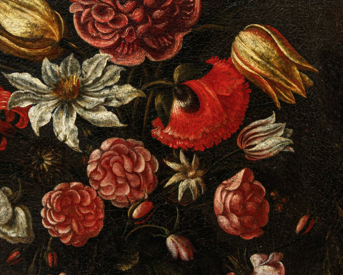 École lombarde du XVIIe siècle, Nature morte avec plats, fleurs et fruits-photo-4