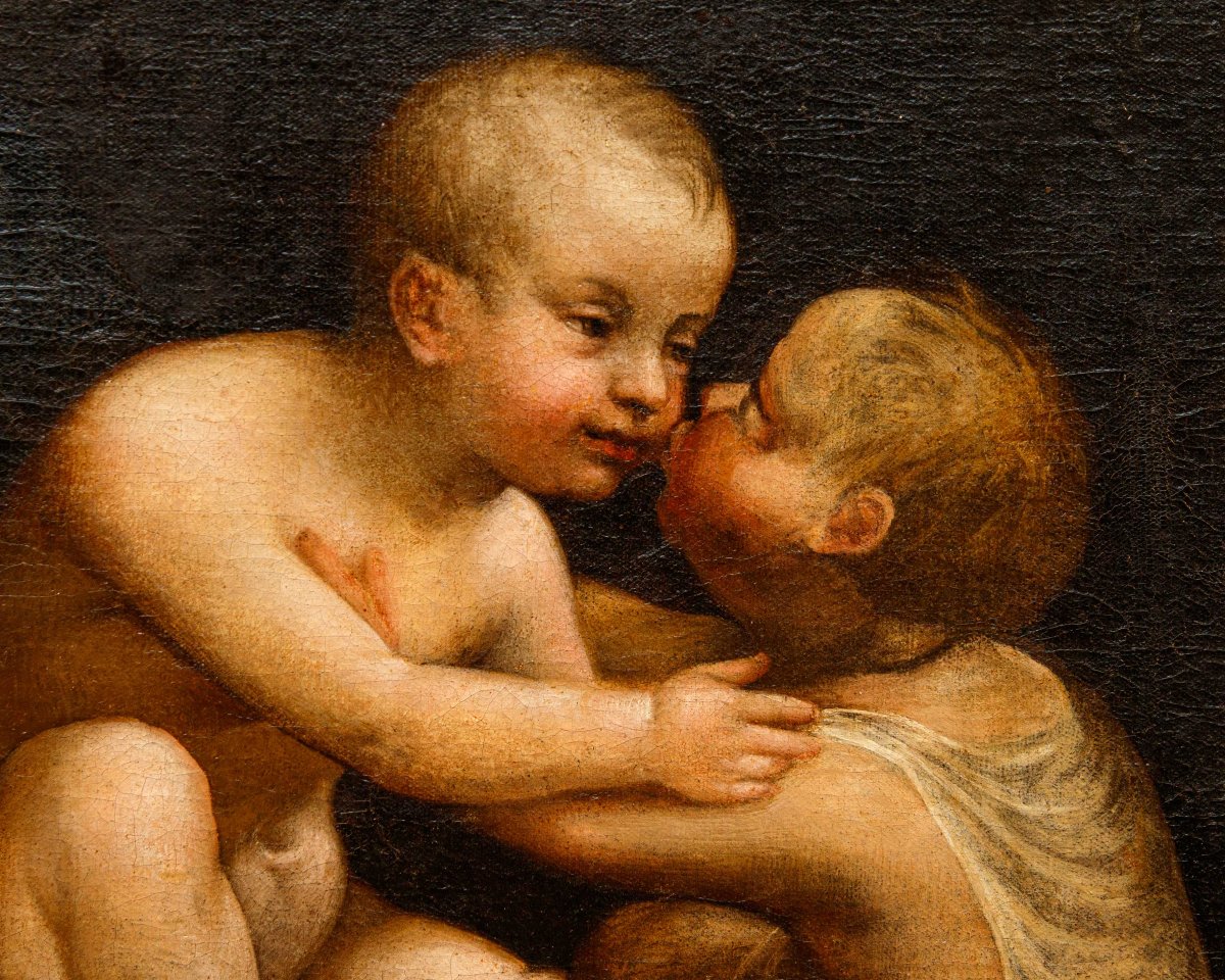 Peintre léonardesque, milieu du XVIe siècle, Jésus et saint Jean qui s’embrassent-photo-1