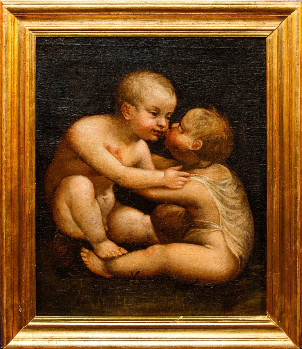 Peintre léonardesque, milieu du XVIe siècle, Jésus et saint Jean qui s’embrassent