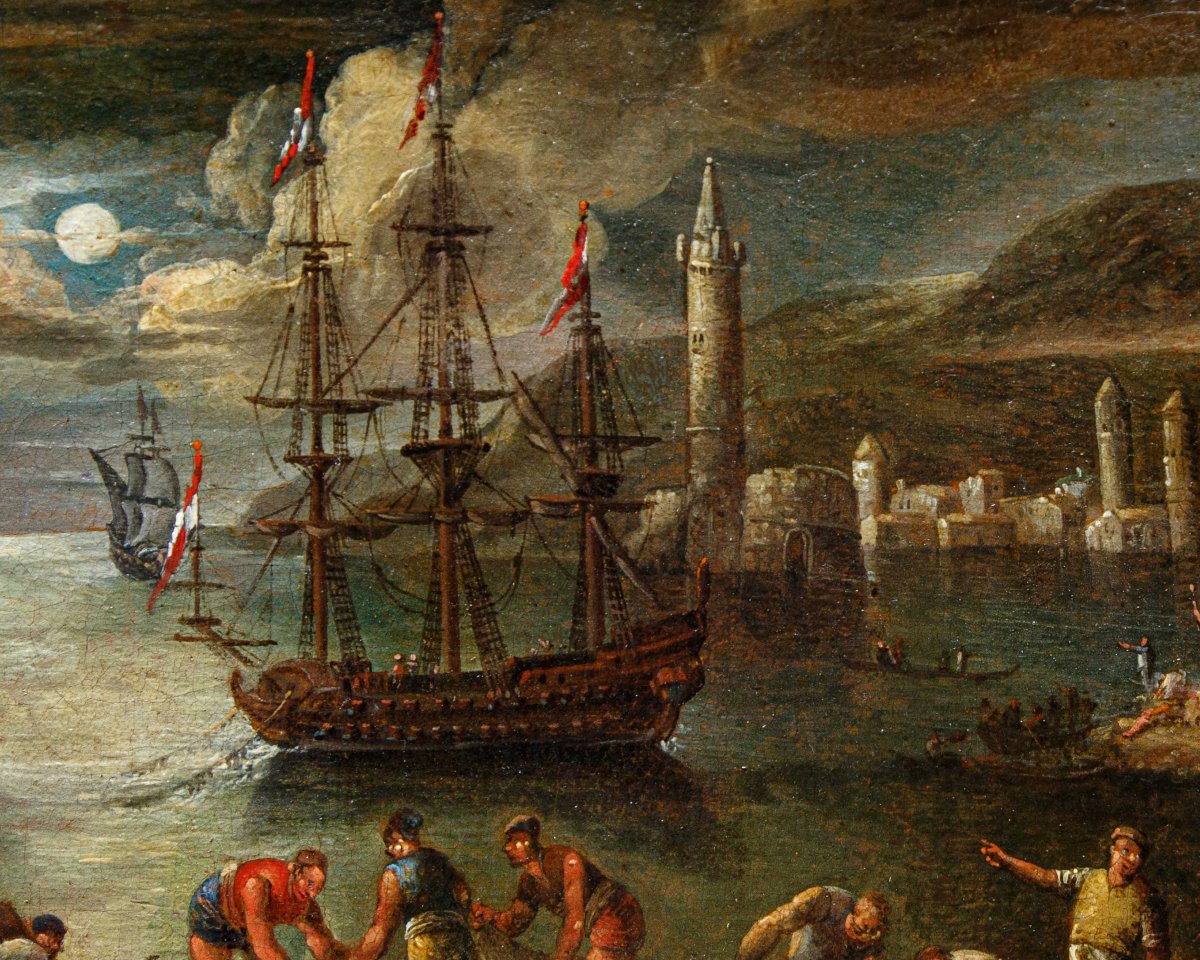 18th-century Venetian School, Seascape With Fishermen At Dawn-photo-4