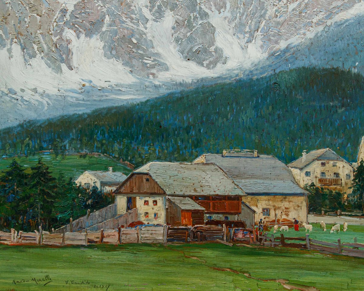 Amedeo Merello (genoa, 1890 – Fumeri, 1979), First Snows On The San Candido Dolomites-photo-2