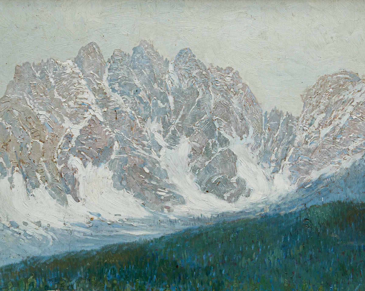 Amedeo Merello (genoa, 1890 – Fumeri, 1979), First Snows On The San Candido Dolomites-photo-5